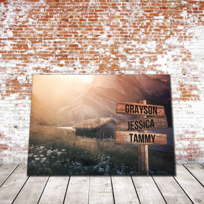Personalized Home Barn and Sunrise Multi - Names Premium - Street Signs Customized With Names Canvas