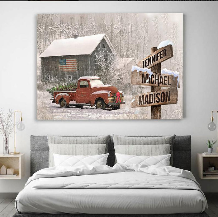 Personalized Christmas Family Multi - names Canvas, Landscape Canvas, American Barn Red Truck Christmas Canvas Decor, Xmas Gift
