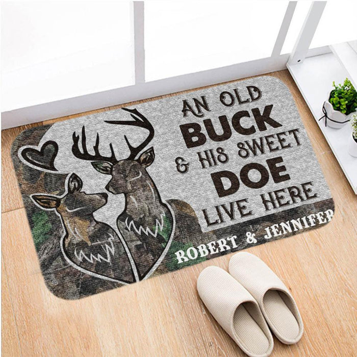 Personalized Deer Couple Old Buck and Sweet Doe live here Doormat - bath mat, funny Deer, husband and wife, family decor, home & living