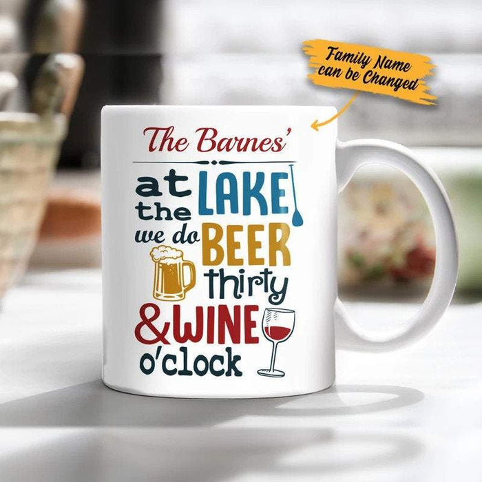 Personalized At The Lake We Do Beer And Wine Funny Coffee Mug, Lake House Mug, Memory At The Lake, Family Mug