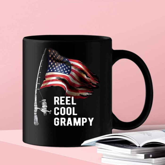 Reel Cool Grampy American Flag Fishing Rod Coffee Mug, Fishing Lovers Gift Mug, Gift For Grandpa, Fisherman Idea