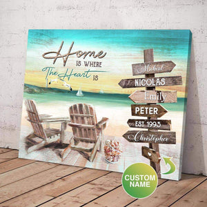 Personalized Beach Home Is Where The Heart Is Canvas, Street Signs Customized With Names- 0.75 & 1.5 In Framed -wall Decor