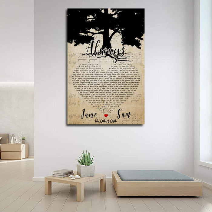 Personalized Couple Names - Heart Shaped Always Song Lyrics Canvas