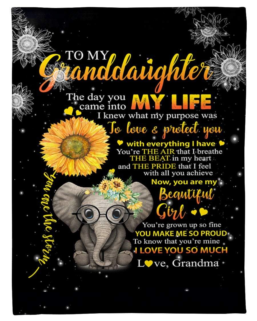To Me Granddaughter You're The Storm Love Grandma Fleece Blanket, Elephant Sunflower Blanket, Gift For Granddaughter, Family Blanket