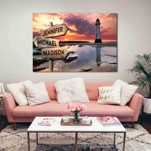 Personalized Lighthouse and Sky Multi-Names Premium 1,5 Framed Canvas - Street Signs Customized With Names- Home Living- Wall Decor