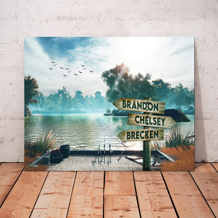 Personalized Beautiful Natural Landscape Of A Fishing Lake Canvas, Fishing Lake - Street Signs Customized With Names Canvas