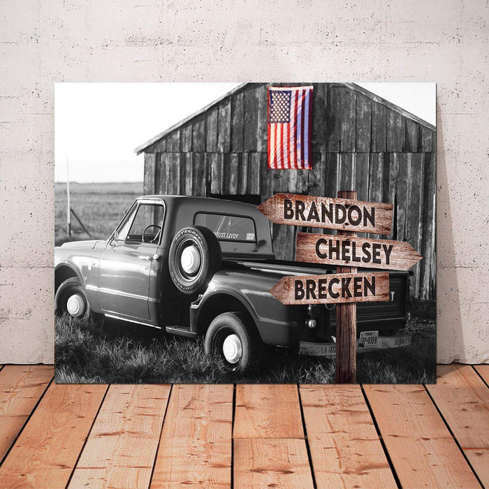 Personalized Country Barn Old Truck With American Flag Canvas, Vintage Countryside - Street Signs Customized With Names Canvas