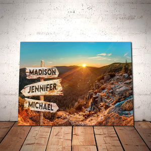 Personalized Dawn In The Mountain Multi-Names Premium 0.75 & 1,5 Framed Canvas - Street Signs Customized With Names- Home Living- Wall Decor