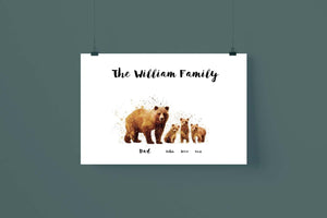 Personalized Brown Bear Family Watercolor Multi-names Poster, Bear Watercolor Art, Family Custom Poster, Art Decor Without Frame
