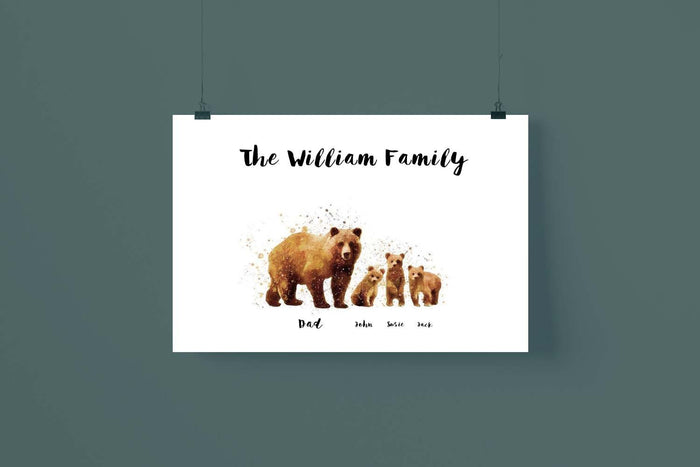 Personalized Brown Bear Family Watercolor Multi - names Poster, Bear Watercolor Art, Family Custom Poster, Art Decor Without Frame