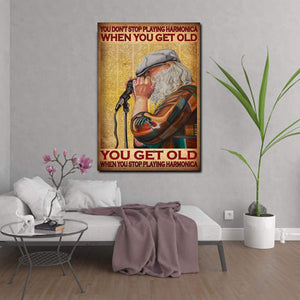 Old Man Playing Harmonica - You Don�EEE€�EEEt Stop Playing Harmonica When You Get Old 0.75 and 1,5 Framed Canvas- Home Decor-Canvas Wall Art