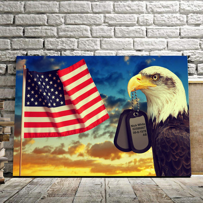 Personalized Dogtags Eagle American Flag Canvas, Veterans Canvas, Gift For Soldiers