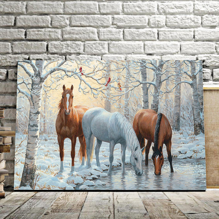 Wild Winter Trio Horses Besides The Lake Art Canvas, Horse Canvas, Horse Lovers Decor