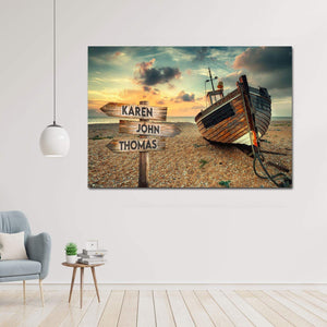 Personalized Wooden Boat Beach Landscape Art Multi-names Canvas, Family Canvas, Street Signs Customized With Names- 0.75 & 1.5 In Framed -w