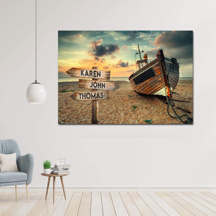 Personalized Wooden Boat Beach Landscape Art Multi - names Canvas, Family Canvas, Street Signs Customized With Names Canvas