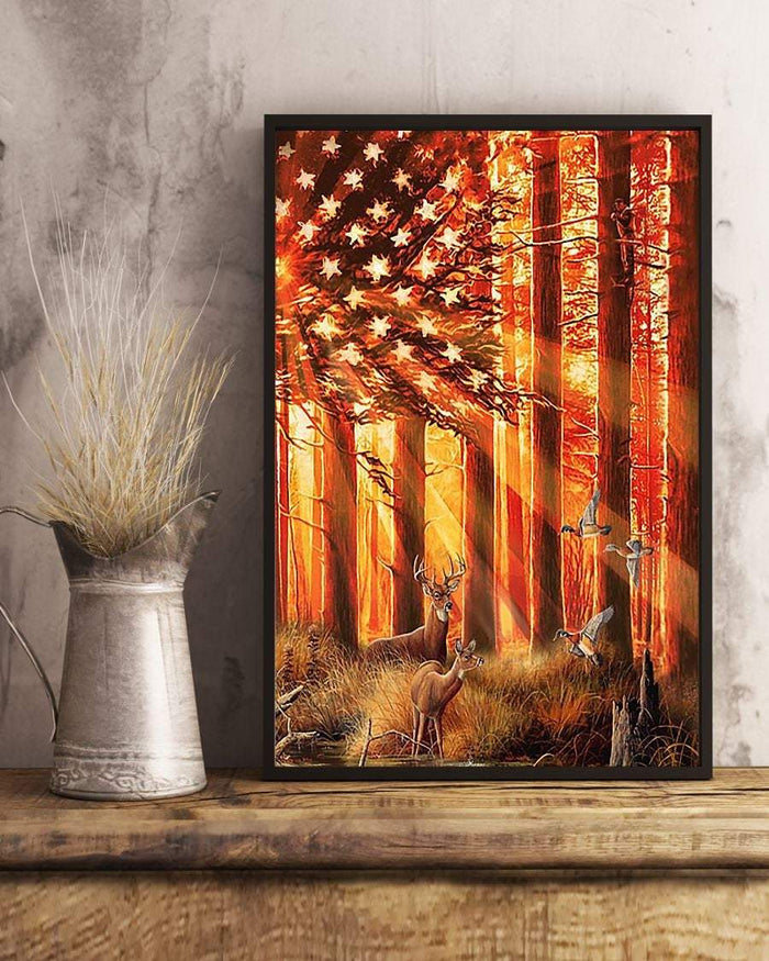 Hunting Deer And Duck In The Sun Flag Canvas, Hunting Canvas, Gift For Papa