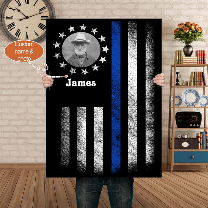 Personalized Police Line Thin Blue American Flag Canvas, Policeman Memory Canvas, Blue American Flag Canvas