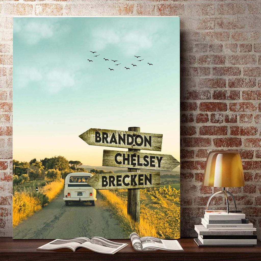 Personalized Hippie Car Camping On The Country Road Vintage Canvas, Hippie Soul Camping Street Signs Customized With Names- 0.75 & 1.5 In F
