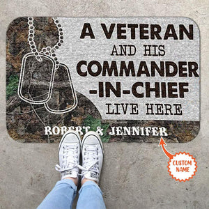 Personalized A Veteran Lives Here with His Commander in Chief Doormat, husband and wife camouflage doormat, Home & Living