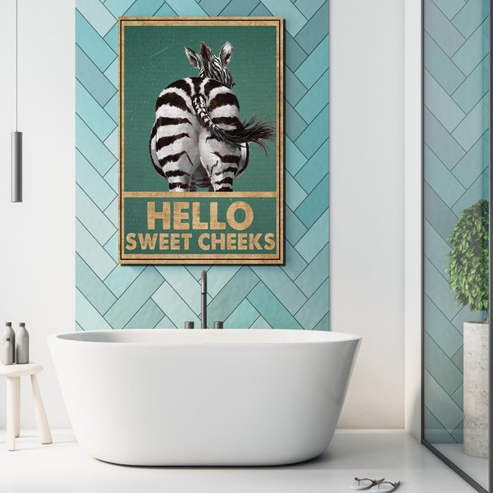 Funny Zebra Butt Hello Sweet Cheeks Vintage Bathroom Sign Decor, Cute Zebra Canvas Decor