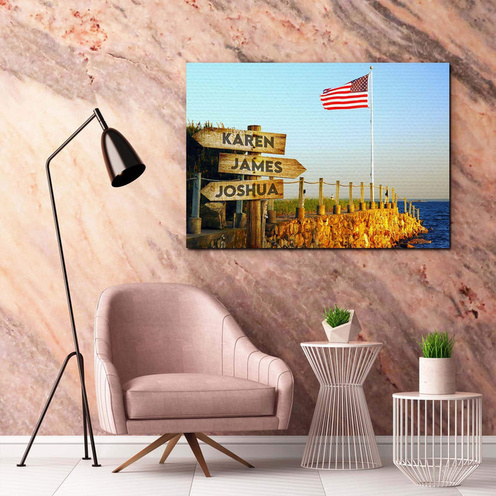 Personalized Beautiful American Flag Blowing In The Wind At The Beach On A Pier Canvas, Multi - names Premium Canvas - Street Signs Customize