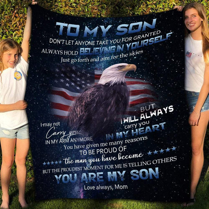Eagle American Flag To My Son Always Hold Believing In Yourself Fleece Blanket, Mom And Son, Gift For Son Blanket