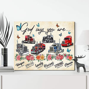 Trucker God Says You Are Unique 0.75 and 1,5 Framed Canvas - Family Print, Home Wall Decor