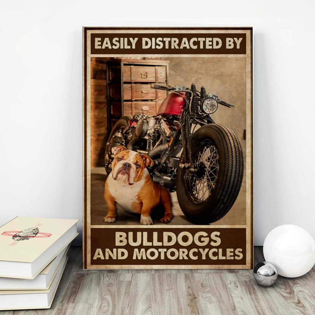 Bulldog And Motorcycles - Easily Distracted By, Bulldogs And Motorcycles 0.75 and 1,5 Framed Canvas- Home Wall Decor