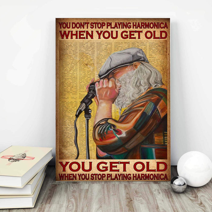 Old Man Playing Harmonica - You Don't Stop Playing Harmonica When You Get Old Canvas
