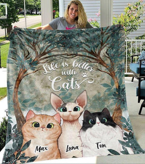 Personalized Cute Cats Life Is Better With Cats Floral Fleece Blanket, Cats Kitten Blanket, Home & Living