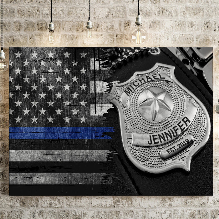 Personalized Police Badge American Flag Premium Canvas, Back The Blue, Family Canvas, Police Wife Proud Canvas