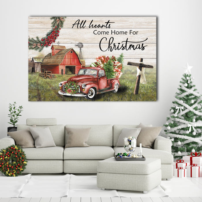 All Hearts Come Home For Chrismas, Truck and the Cross Canvas, Chrismas Canvas