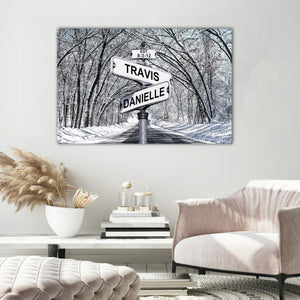 Street Signs in the snow road Canvas, Personalized Canvas